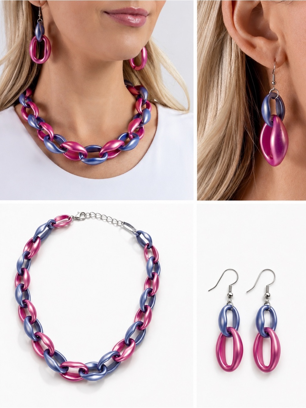 Bold Pink and Bold Chunky Link Necklace Set | Matching set |